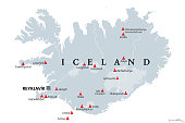 istock Volcanoes of Iceland that erupted since human settlement, political map 1308294049
