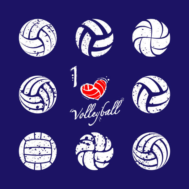 ilustraciones, imágenes clip art, dibujos animados e iconos de stock de juego de siluetas grunge de voleibol - pelota de voleibol