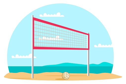 Volleyball net and ball on sand in summer background. Outdoor leisure games and exercise view vector illustration. Active lifestyle on beach with sand near sea or ocean with sky