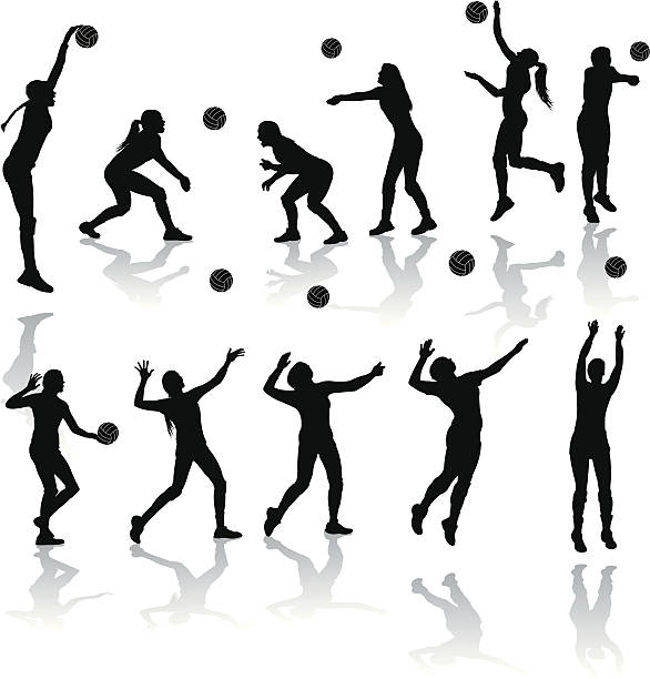 ilustraciones, imágenes clip art, dibujos animados e iconos de stock de voleibol jugadores-chicas - pelota de voleibol