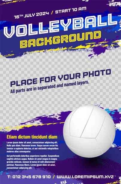ilustraciones, imágenes clip art, dibujos animados e iconos de stock de plantilla de póster de voleibol con bola y lugar para su foto - pelota de voleibol
