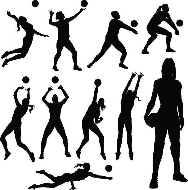 ilustraciones, imágenes clip art, dibujos animados e iconos de stock de siluetas de voleibol - pelota de voleibol