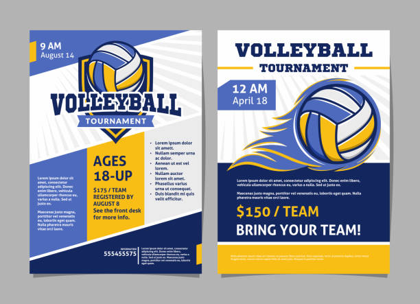 ilustraciones, imágenes clip art, dibujos animados e iconos de stock de carteles de torneo de voleibol, volante con bola de voleibol - diseño del vector plantilla - pelota de voleibol