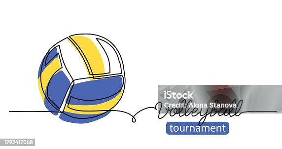 istock Volleyball tournament simple vector background, banner, poster with color ball sketch. One line drawing art illustration of volleyball ball 1292417068