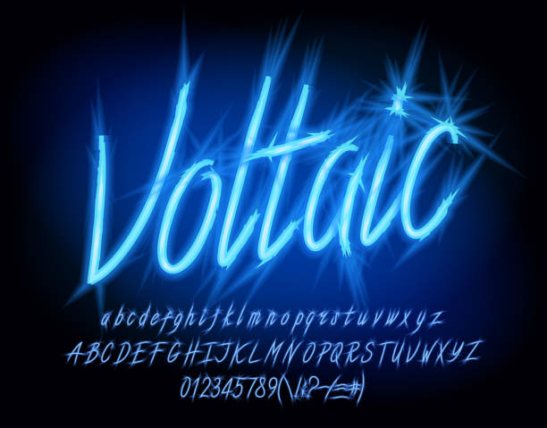 Voltaic alphabet font. Electric script letters, numbers and punctuation. Uppercase and lowercase. vector art illustration