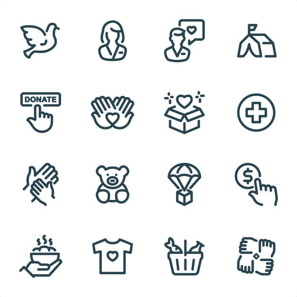 Volunteer and Charity - Pixel Perfect Unicolor line icons vector art illustration