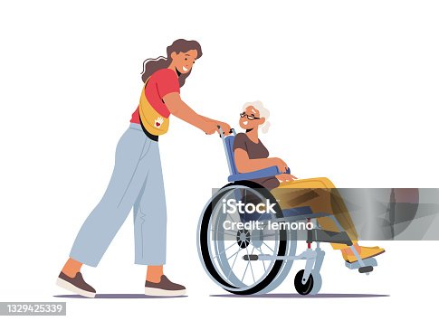 istock Volunteer Character Help Old People in Nursing Home. Young Social Worker Care of Sick Senior Woman Driving on Wheelchair 1329425339