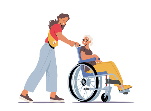 Volunteer Character Help Old Disabled People in Nursing Home. Young Social Worker Care of Sick Senior Woman Driving her on Wheelchair, Volunteering Healthcare, Medical Aid. Cartoon Vector Illustration