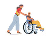 istock Volunteer Character Help Old People in Nursing Home. Young Social Worker Care of Sick Senior Woman Driving on Wheelchair 1329425339