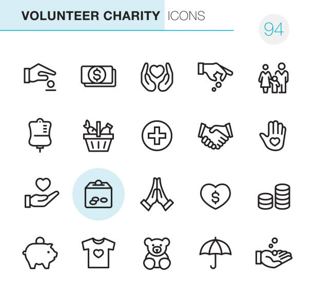 20 Outline Style - Black line - Pixel Perfect icons / Volunteer Charity Set #94
Icons are designed in 48x48pх square, outline stroke 2px.

First row of outline icons contains: 
Giving Money, Money Donation, Heart in Human hands, Hand Giving Coins, Family;

Second row contains: 
Blood Donation Bag,  Basket of Food, Medical Cross, Handshake, Volunteer;

Third row contains: 
Heart in Human hand, Donation Box, Praying, Charity Heart, Coins Stack; 

Fourth row contains: 
Piggy Bank, Clothes Donating, Toys Donating, Insurance, Receiving Hand.

Complete Primico collection - https://www.istockphoto.com/collaboration/boards/NQPVdXl6m0W6Zy5mWYkSyw