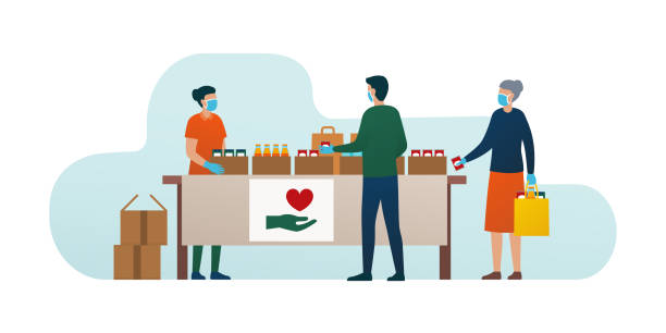 코로나바이러스 covid-19 전염병 발생 시 사람들에게 식량 을 배부하는 자원봉사 - 기부함 일러스트 stock illustrations
