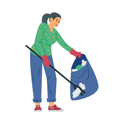 Volunteer female picking up plastic garbage, flat vector illustration isolated.