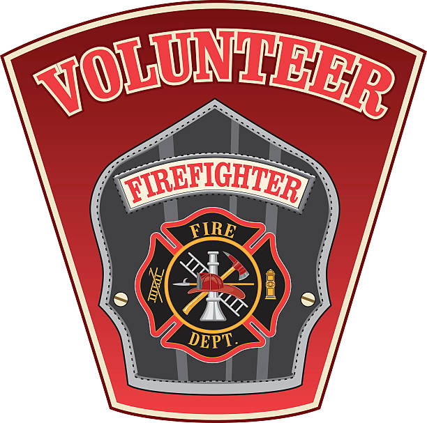 Volunteer Firefighter Shield Illustration of a firefighter or fireman badge with a Maltese cross and firefighter tools logo inside of a shield shape. maltese cross stock illustrations