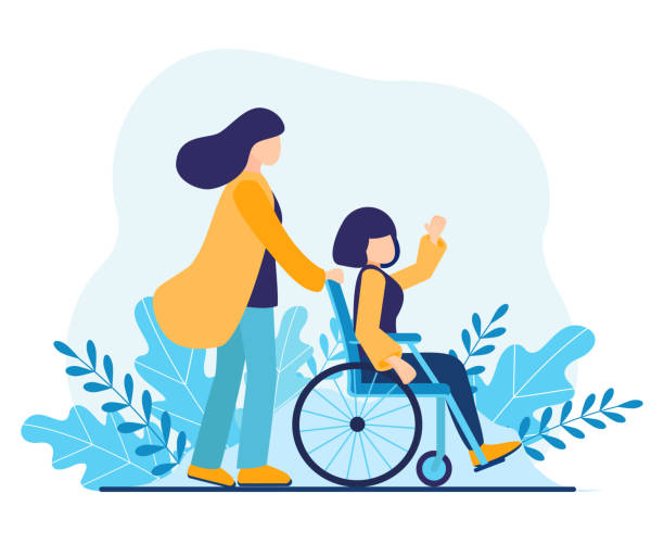 장애인 여성을 돕는 자원 봉사. 휠체어에 장애가있는 소녀와 함께 공원에서 걷는 자매. 장애인, 젊은 사회 복지사 관리가 무효에 대한 도움을 줍니다. 국제 자원봉사의 날 벡터 일러스트 - disability stock illustrations