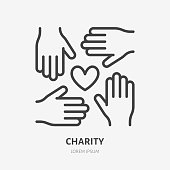 Volunteer organization flat line icon. Vector outline illustration of hands and heart. Black color thin linear sign for charity unity.
