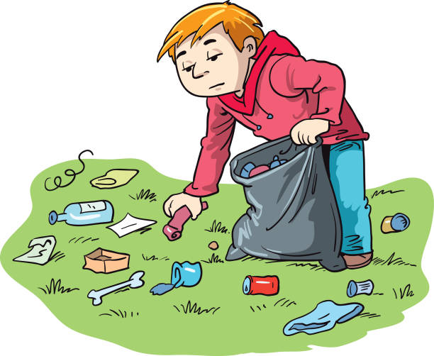 volunteer picking up garbage - background of a teens garden stock illustrat...