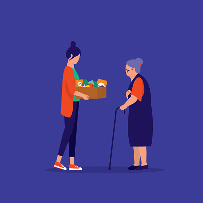 Volunteer Woman Giving Food To A Senior Woman. Charitable Giving Concept. Vector Illustration.
