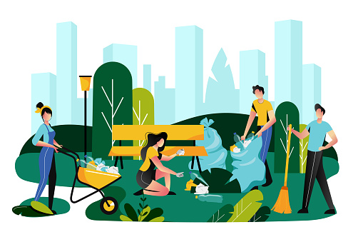 Volunteering, charity social concept. Volunteer team cleaning garbage on lawn of city park, vector illustration
