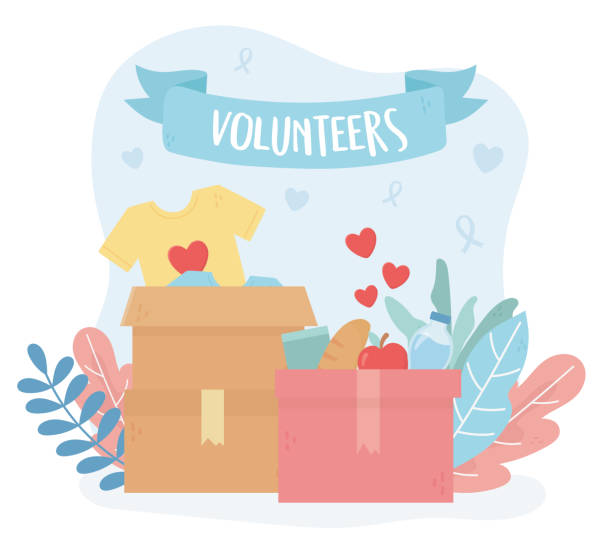 stockillustraties, clipart, cartoons en iconen met vrijwilligerswerk, helpen liefdadigheid vrijwilligers dozen kleding voedsel liefde te ondersteunen - ramos