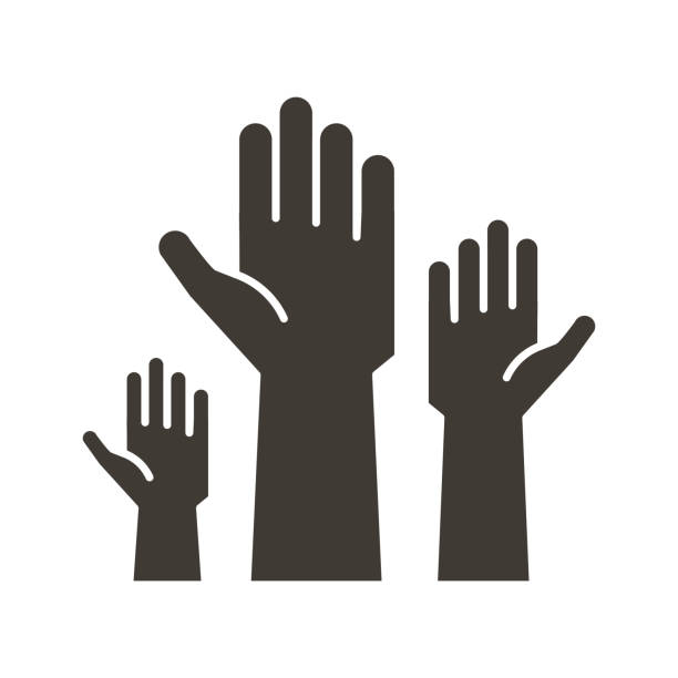 Volunteers and charity work. Raised helping hands. Vector flat glyph icon illustrations with a crowd of people ready and available to help and contribute. Positive foundation, business, service. vector art illustration