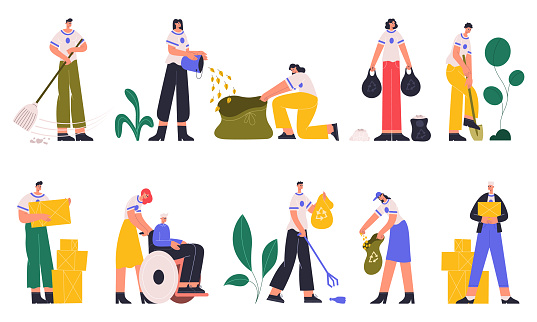 Volunteers, charity social workers collecting trash and help elderly people. Young charity social workers volunteering vector illustration set. Kindness and charity activity