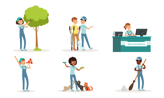 Volunteers Collection, Young People Helping Disabled, Feeding Animals, Caring for Garden and Cleaning Streets Vector Illustration
