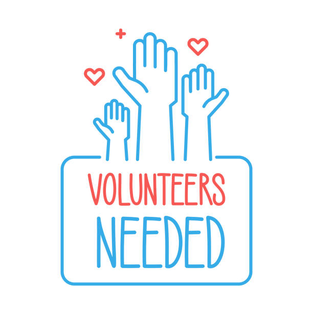 Volunteers needed banner design. Vector illustration for charity, volunteer work, community assistance. Crowd of people ready and available to help and contribute with hands raised. Positive foundation, business, service vector eps10 volunteer stock illustrations