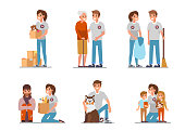 Volunteers at work. Flat style vector illustration isolated on white background.