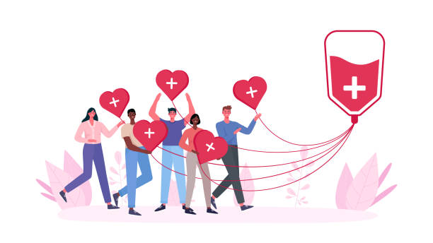 Volunteers woman and man donating blood. Blood donor charity. World Blood Donor Day, Health Care.People are holding hearts. For banner, poster, card, web, landing page.Flat cartoon vector illustration Volunteers woman and man donating blood. Blood donor charity. World Blood Donor Day, Health Care.People are holding hearts. For banner, poster, card, web, landing page.Flat cartoon vector illustration blood donation stock illustrations