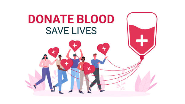 자원봉사자 여성과 남자가 피를 기부합니다. 혈액 기증자 자선 단체. 세계 혈액 기증자의 날, 건강 관리.사람들은 마음을 잡고 있습니다. 배너, 포스터, 카드, 웹, 방문 페이지의 경우. 플랫 만화  - 장기 기증 stock illustrations