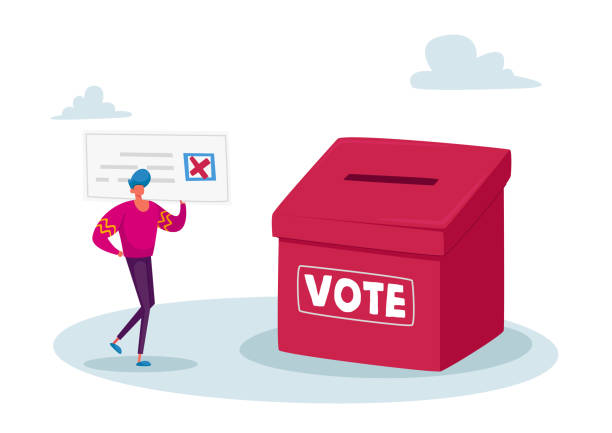 投票、選舉或社會投票。小選民男性角色在投票站投票時投票把紙放在盒子里。 - 投票 插圖 幅插畫檔、美工圖案、卡通及圖標
