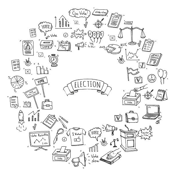 Vote icons set Hand drawn doodle Vote icons set. Vector illustration. Election symbols collection. Cartoon various voting elements: hand putting paper in the ballot box, speaker, scale, calendar, infographics, case. voting drawings stock illustrations