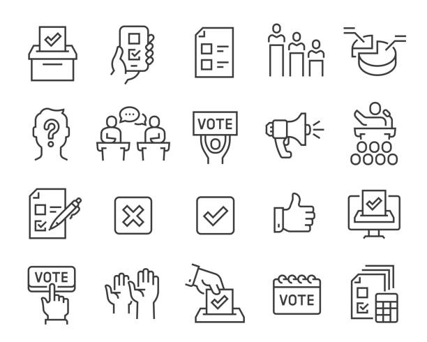Voting and Election Icons Set. Editable vector stroke Voting and Election Icons Set. Collection of linear simple web icons such as Form, Online Voting, Debate, Candidate Rating, Vote Count and others. Editable vector stroke. voting symbols stock illustrations
