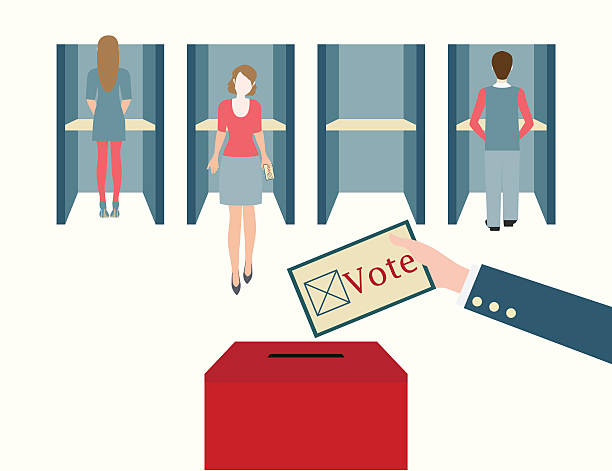 Voting booths design. Voting booths with men and women casting their ballots at a polling place, Vote ballot with box, vector illustration. voting booth stock illustrations