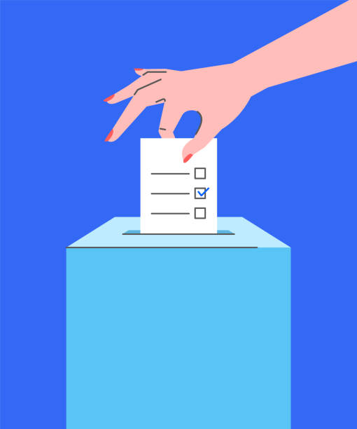 Voting concept with hand putting ballot into box Voting concept. Flat line vector illustration of female hand putting ballot paper with candidates list and mark into ballot box. Voter makes choice on election day. National referendum, local election vote stock illustrations