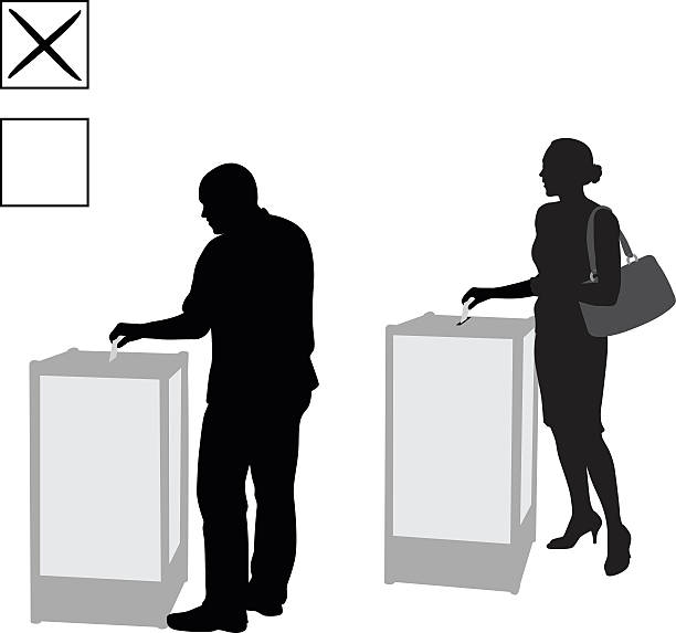 Voting Democrary A vector silhouette of a man and a woman casting votes using a ballot box. This illustration is in greyscale. voting silhouettes stock illustrations