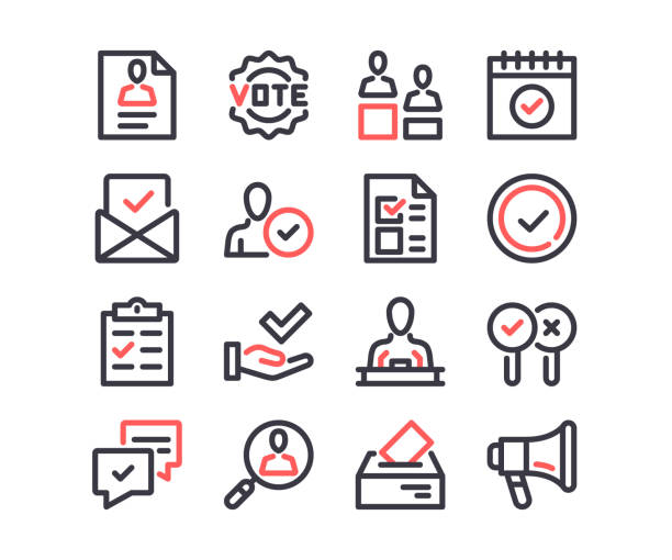 Voting line icons set. Elections, politics, political campaign, vote concepts. Modern outline symbols. Simple thin stroke design linear graphic elements. Red and black colors. Pixel perfect. Vector line icons Voting line icons set. Elections, politics, political campaign, vote concepts. Modern outline symbols. Simple thin stroke design linear graphic elements. Red and black colors. Pixel perfect. Vector line icons voting icons stock illustrations