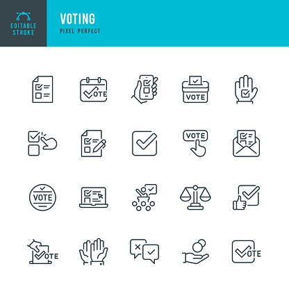 Voting - thin line vector icon set. 20 linear icon. Pixel perfect. Editable outline stroke. The set contains icons: Voting, Voting Ballot, Good Choice, Ballot Box, Election, Arms Raised, Electronic Voting, Fundraising, Questionnaire, Debate, Calendar Date, Scale.