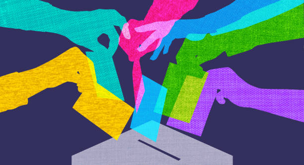 voting Colourful overlapping silhouettes of hands voting in fabric texture democracy stock illustrations
