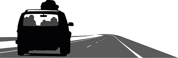 Voyage By Car A vector silhouette illustration of a van driving along the highway with people inside and luggage on top. car silhouettes stock illustrations
