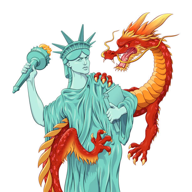 USA vs. China trade war concept. Statue of Liberty and Chinese Dragon prepared for fight. Vector illustration in comic style. USA versus China trade war concept. Statue of Liberty and Chinese Dragon prepared for battle. National symbols show international relations. Vector illustration in comic style. cartoon of a statue of liberty free stock illustrations
