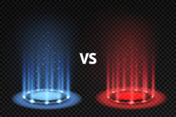 Vs. Versus battle glowing podiums for fighters matching, blue and red circular glow. Mma and boxing challenge, competition vector concept Vs. Versus battle glowing podiums for fighters matching, blue and red circular glow. Mma and boxing challenge, competition vector effects rotating rays concept dancing borders stock illustrations