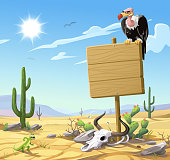 A vulture sitting on a blank wooden sign in front of a barren desert landscape. In the foreground are rocks, a cow skull and a lizard, and in the background are hills and mountains, cactuses and a bright, hot sun in a cloudy blue sky. Vector illustration with space for text.