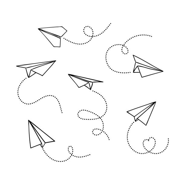 白い背景に隔離された手描きの落書き紙飛行機のvvectorセット。旅行とルートのライン アイコン シンボル。 - 飛ぶ点のイラスト素材／クリップアート素材／マンガ素材／アイコン素材