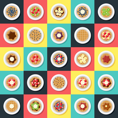 A set of waffles with different toppings icons. File is built in the CMYK color space for optimal printing. Color swatches are global so it’s easy to edit and change the colors.