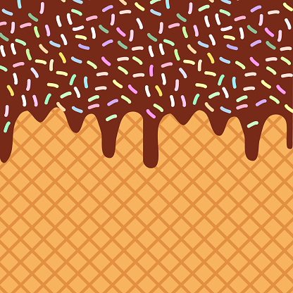 waffles with flowing chocolate sauce and sprinkles background for your text. Sweet texture golden crust dough. Vector