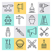 Wage labour production outline style concept with symbols. Line vector icon sets for infographics and web designs.