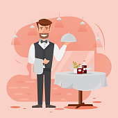 waiter man serving food in the restaurant. vector illustration cartoon character