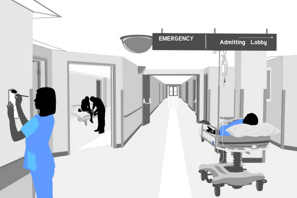 Waiting For Treatment Hospital Hospital hallway with nurse and patients. Silhouette vector illustration hospital silhouettes stock illustrations