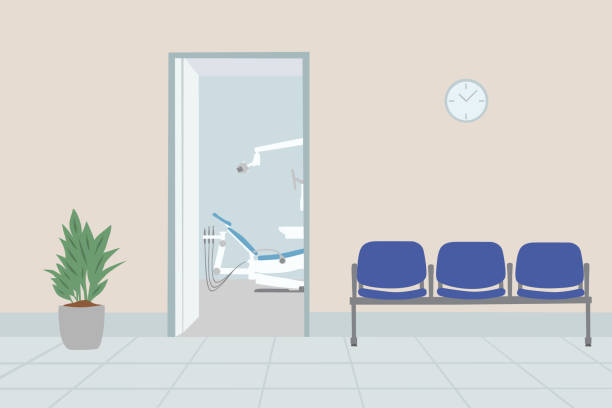 illustrazioni stock, clip art, cartoni animati e icone di tendenza di sala d'attesa nello studio dentistico con sedili blu vuoti - corridoio ufficio